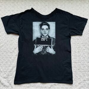 Elvis Presley US Army Mug Shot Rock n Roll Black Oversized Tee Shirt Large XL